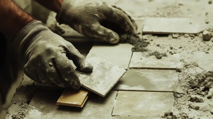 A construction worker laying floor tiles at a job site. Featuring craftsmanship and precision