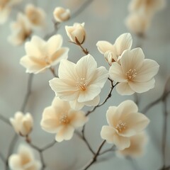 Fototapeta premium Delicate blossoms bloom softly against muted background.