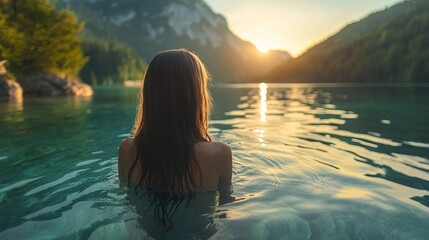 Fototapeta premium A woman standing in a lake with mountains and sunset in the distance enjoying the peaceful scenery view