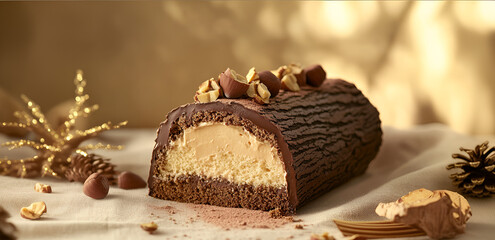 Chocolate Yule Log Cake with Nuts