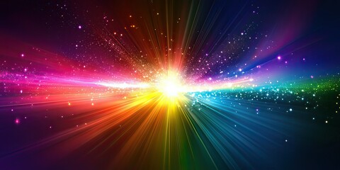 Colorful light rays radiating from a central point with glittering stars