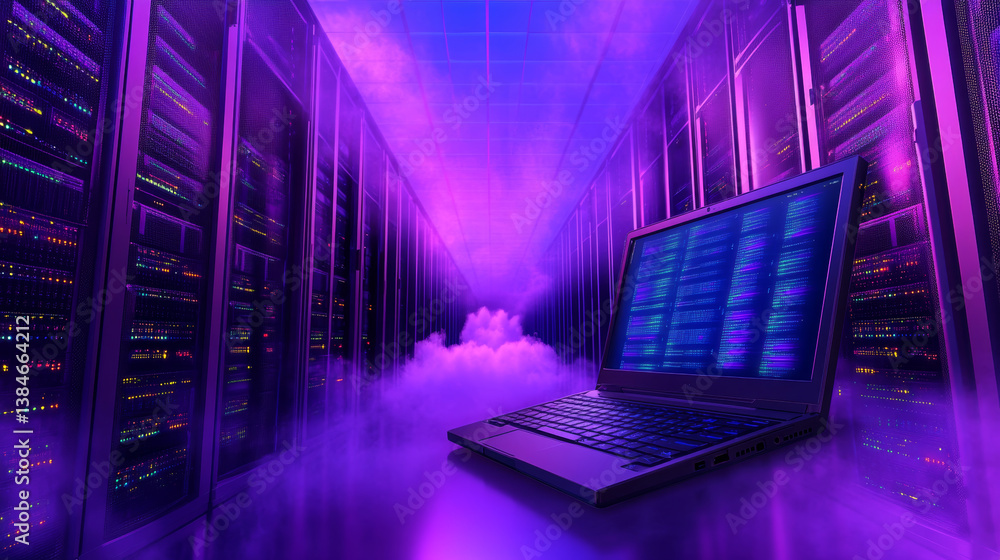 Poster isometric vector illustration showing the cloud computing services concept laptop and web servers. c