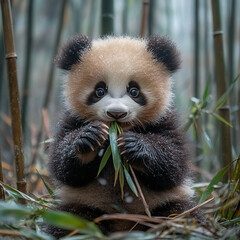 A fluffy baby panda playing with bamboo stalks in a green bamboo forest
