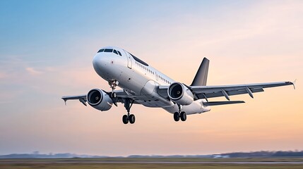 White Airplane Taking Off at Sunset