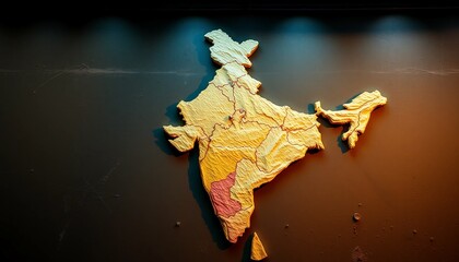 A detailed close-up shot of a topographic map highlighting India and surrounding regions. The texture and colors emphasize the varying elevations and geographical features of the country.