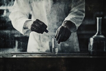 A scientist carefully adds liquid to a test tube in a dimly lit laboratory.