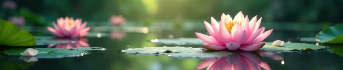 Delicate lotus flowers floating in a tranquil pond with soft light, gentle, abstract background