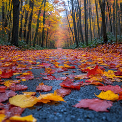 A group of brightly colored autumn leaves scattered on a forest path