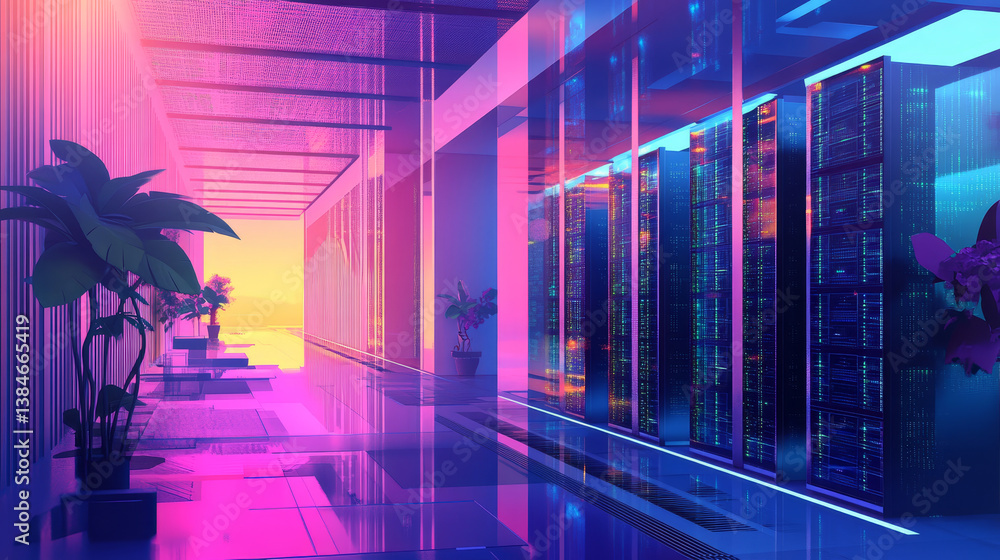 Poster concept of server room rack. web hosting and data center isometric vector illustration. ultraviolet 