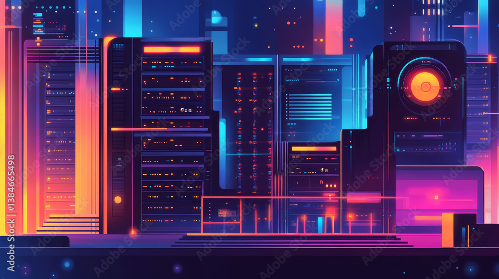 Poster concept of server room rack. web hosting and data center isometric vector illustration. ultraviolet 