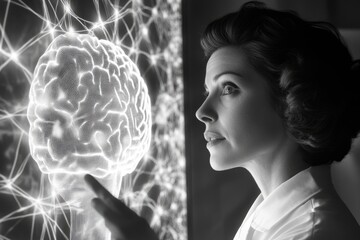 A woman interacts with a digital representation of the human brain, exploring neural networks and cognitive processes.