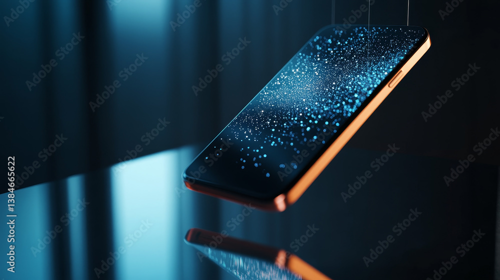 Poster 3d smart phone at angle hanging over reflection desk. modern cell phone with abstract digital splash