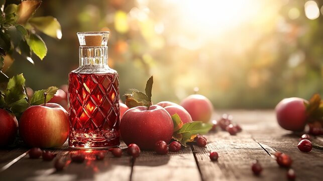 Autumn harvest: Red elixir in glass with ripe apples on rustic wood table
