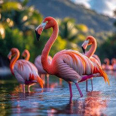A group of vibrant flamingos standing gracefully in a shallow lagoon