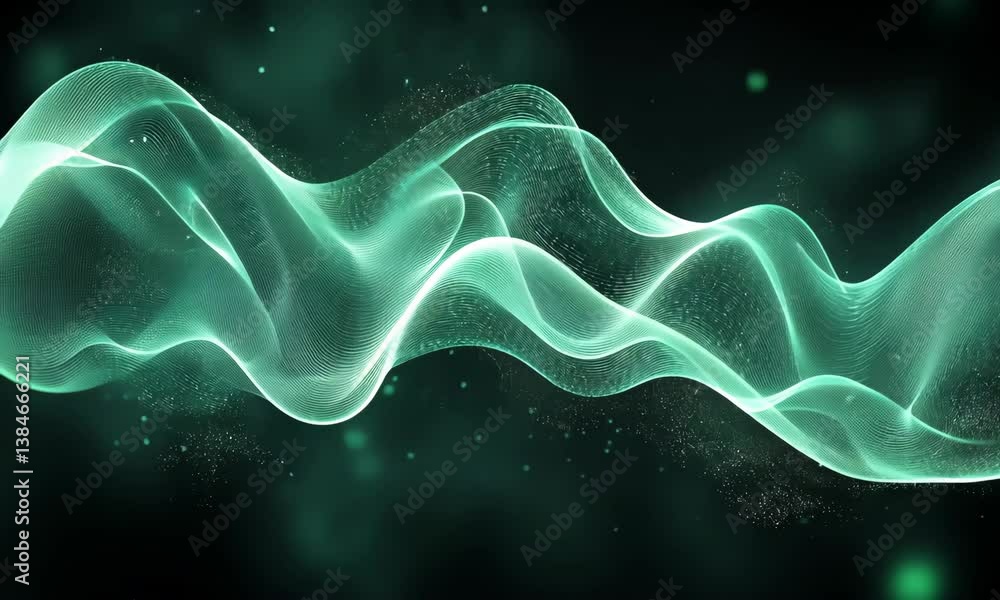 Poster abstract turquoise wave flowing on dark background with sparkling particles