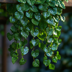 A hanging plant filled with ivy and green vines, cascading down a wooden trellis