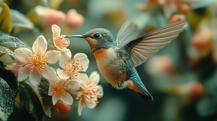 Fototapeta premium Hummingbird Feeding on Blossom. Generative AI