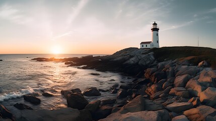Scenic Sunset View of a Coastal Lighthouse on Rocky Shore