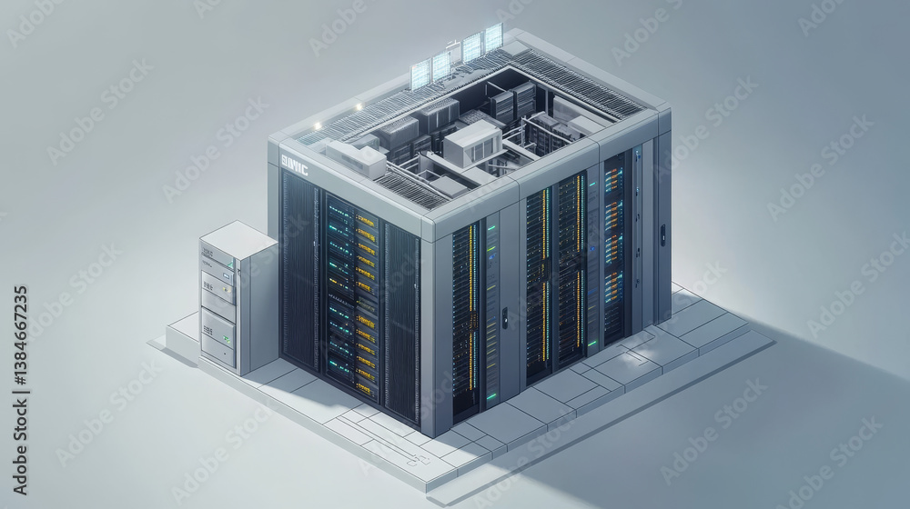 Poster web hosting and data center isometric vector illustration. concept of big data processing, server ro