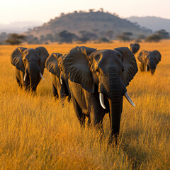 A herd of elephants walking across the savannah, with golden grass underfoot