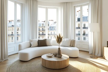Fototapeta premium Bright Interior with White Couch, Pillows, Coffee Table, Vase, and Parisian Building View