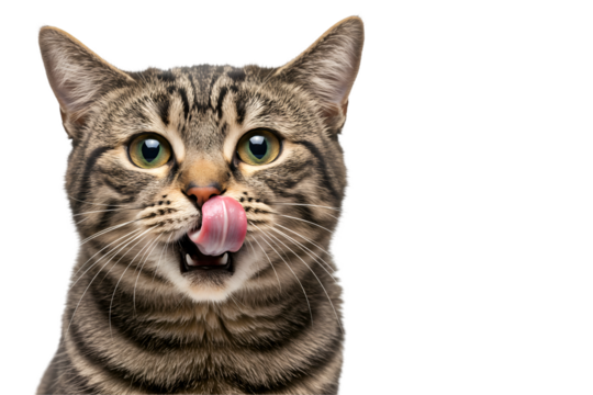 American Shorthair cat licking lips with copyspace