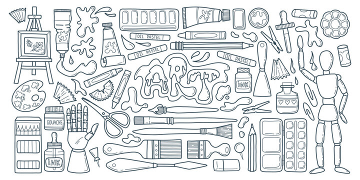 Set of outline art supply elements. Art class doodle line hand drawn elements - pencil, paints, brushes, oil pastel, easel, palette, crayons. Vector school stationery illustration
