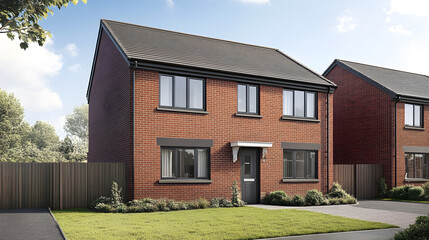 Fototapeta premium modern semi detached house with brick exterior, featuring well maintained lawn and paved driveway. house has large windows and simple, elegant design