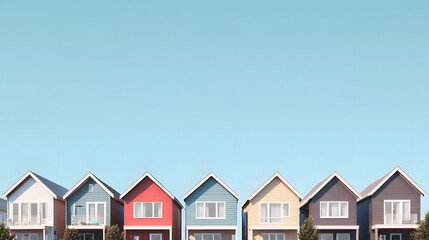 row of colorful, identical houses under clear blue sky creates vibrant and cheerful neighborhood scene. homes feature modern design with gabled roofs and large windows
