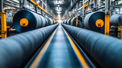 Modern textile manufacturing plant with large rolls of fabric on automated machinery, showcasing industrial efficiency and precision. setting is clean and organized
