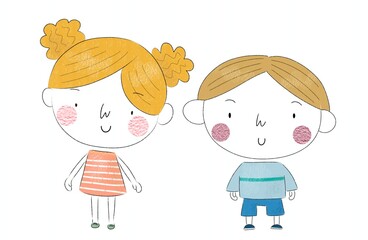 Two little child drawing minimalist design illustration. Cute cartoon character illustration boy and girl western