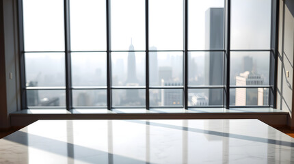 Empty marble table illuminating by sunlight reflecting modern city view through large window