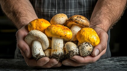 Hands holding autumn mushrooms harvest.
