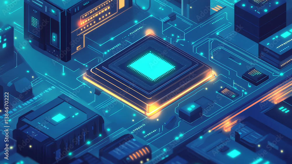 Aufkleber supercomputer server room. big data processing. isometric vector illustration. central processor uni