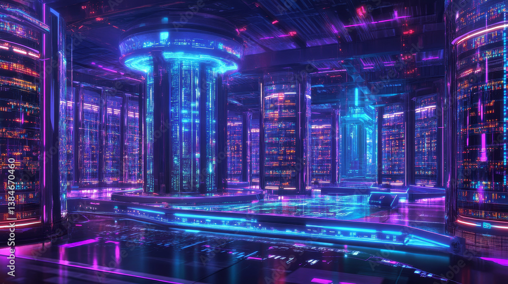 Poster supercomputer server room. big data processing, data search concept. isometric vector illustration. 
