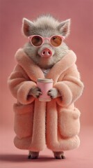 Fototapeta premium Adorable pig wearing pink robe and sunglasses holds a pink cup in a cozy setting