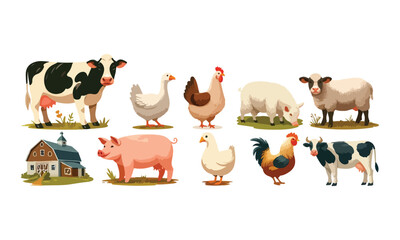  Farm animals set. Goose, chicken, hen and rooster, dairy cow, pig in mud, sheep in countryside. Domestic poultry and livestock in country. Flat vector illustration  on white background