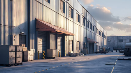 Obraz premium large industrial warehouse exterior with multiple loading docks and metal siding is shown under clear sky. area is organized with crates and pallets, suggesting efficient logistics operations