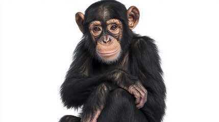 Fototapeta premium Close up portrait of a young chimpanzee with arms crossed on a white background looking at the viewer
