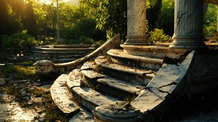 Abandoned marble staircase surrounded by overgrown greenery in a sunlit, serene environment
