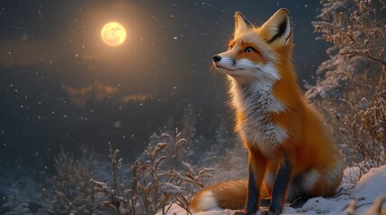 Nocturnal Red Fox in Winter Wonderland. Generative AI
