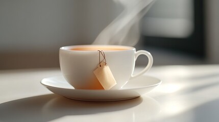 Obraz premium A steaming cup of herbal tea with a tea bag string hanging on the side, placed on a white plate pic