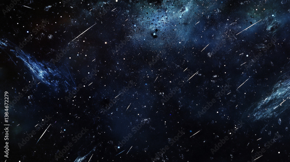 Poster meteors rain with comets and space bodies on transparent. vector neon glowing fast moving particles,