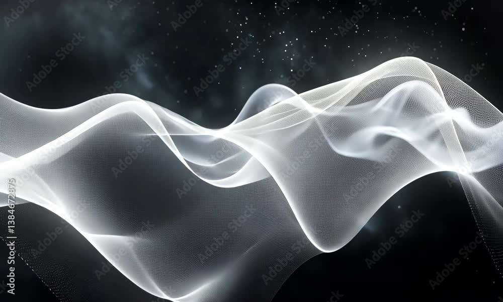 Poster abstract flowing particle wave animation, bright white luminous mesh on dark backdrop