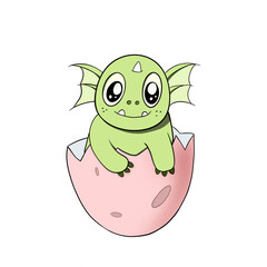 Cute Baby Dragon Hatching from Egg. Cartoon Illustration