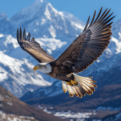 A majestic eagle soaring high above the mountains with a clear blue sky in the background