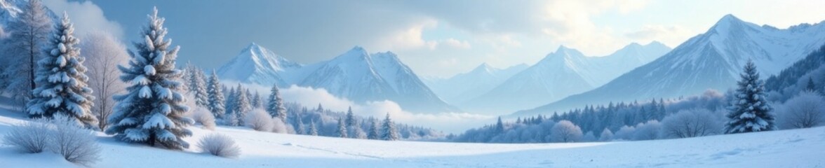 Obraz premium Delicate snowflake pattern surrounds a serene winter landscape with frosty trees and icy mountains , winter, trees