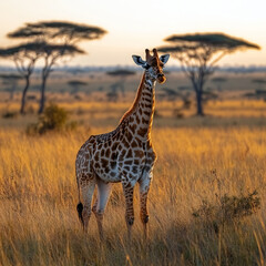 A majestic giraffe grazing on tall acacia trees in the African savannah