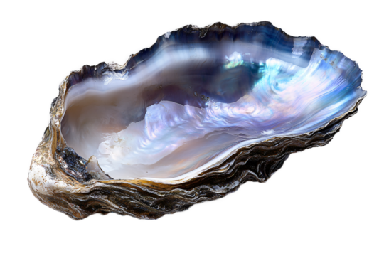 Lustrous mother of pearl oyster shell with iridescent surface isolated on transparent background, perfect for jewelry design and oceanic decor elements