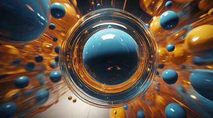Abstract shining spheres moving forward on motion blur background